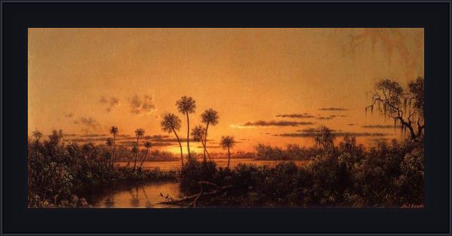 Framed Martin Johnson Heade florida river scene, early evening, after sunset painting