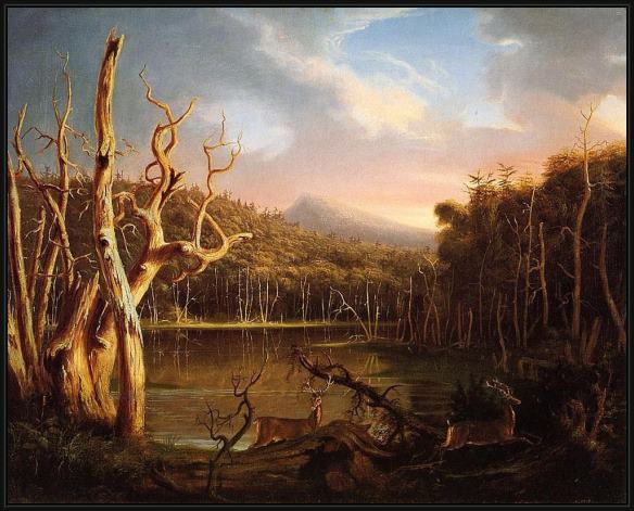 Framed Thomas Cole lake with dead trees (catskill) painting