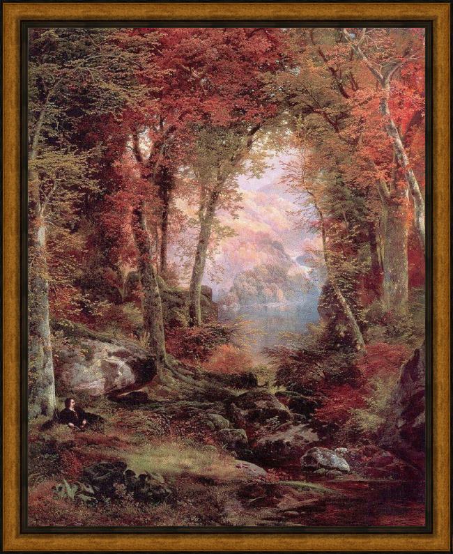 Framed Thomas Moran the autumnal woods under the trees painting