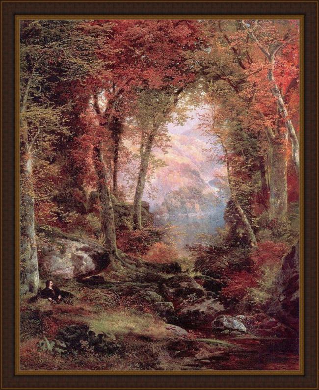 Framed Thomas Moran the autumnal woods under the trees painting