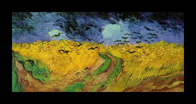 Framed Vincent van Gogh crows over a wheatfield painting