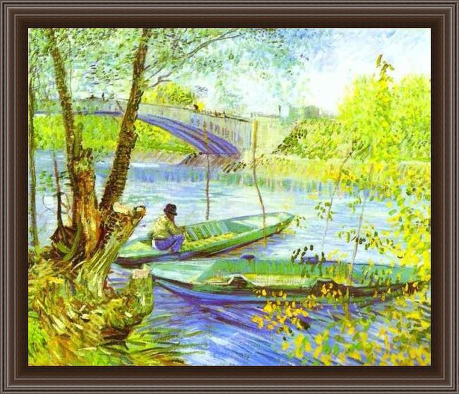 Framed Vincent van Gogh fishing in spring painting