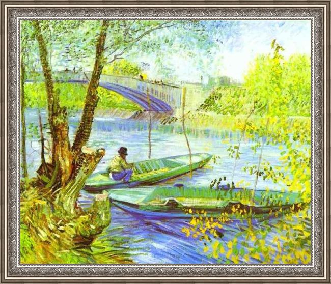 Framed Vincent van Gogh fishing in spring painting