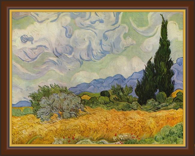 Framed Vincent van Gogh wheat field with cypresses 1889 painting
