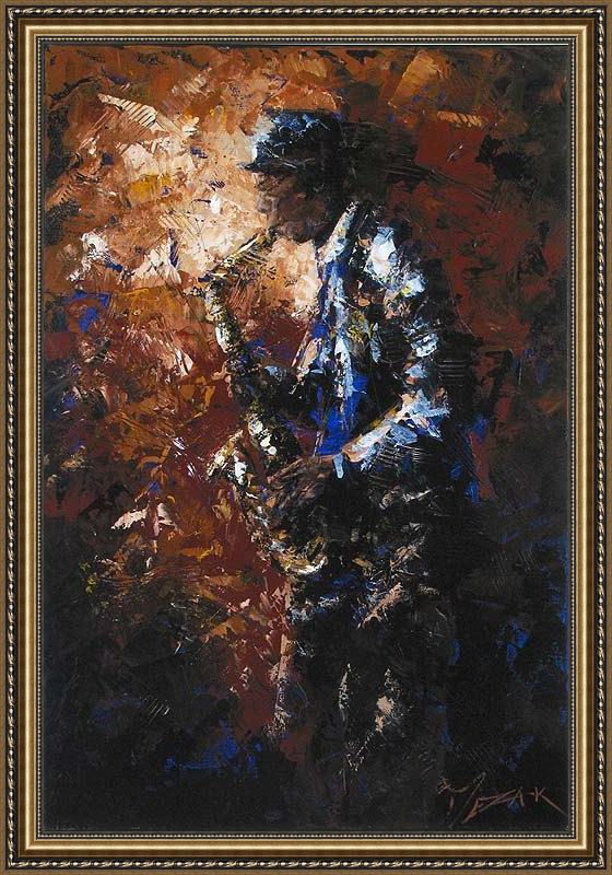 Framed 2011 blues player painting