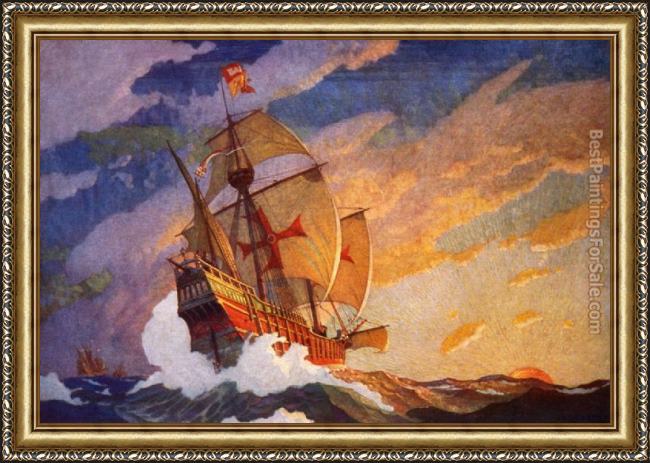 Framed 2012 columbus' three ships by n.c. wyeth painting