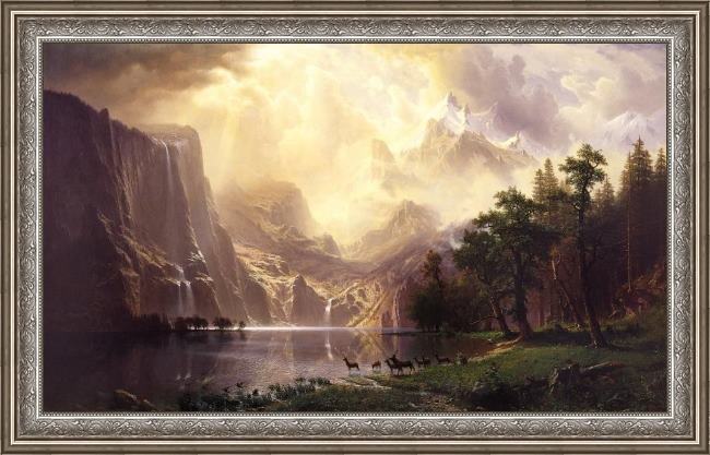 Framed Albert Bierstadt among the sierra nevada mountains california painting
