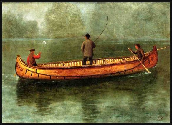 Framed Albert Bierstadt fishing from a canoe painting