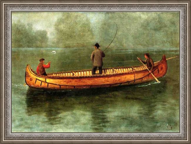Framed Albert Bierstadt fishing from a canoe painting