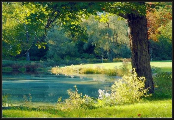 Framed Albert Bierstadt quiet pond painting