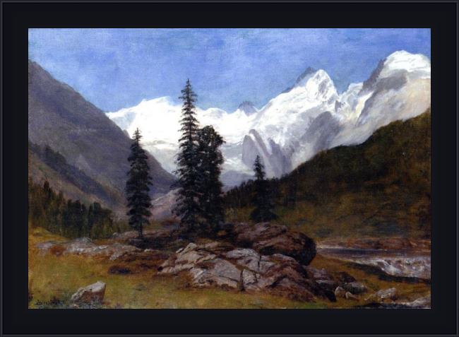 Framed Albert Bierstadt rocky mountain painting