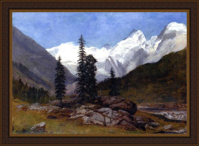 Framed Albert Bierstadt rocky mountain painting