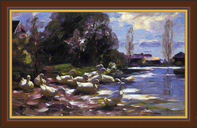 Framed Alexander Koester ducks on a riverbank on a sunny afternoon painting