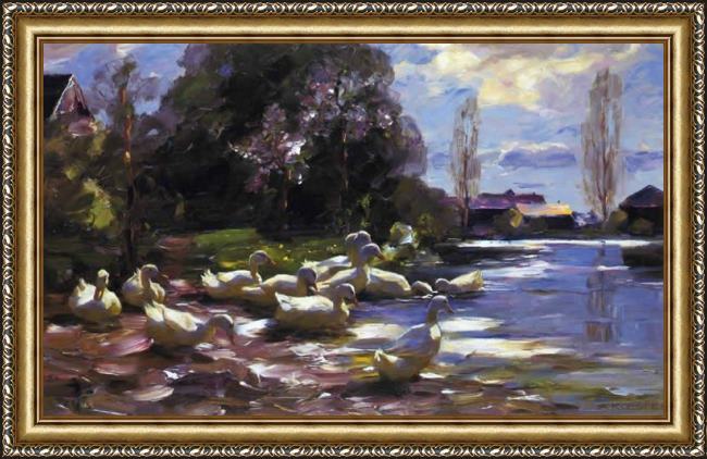 Framed Alexander Koester ducks on a riverbank on a sunny afternoon painting