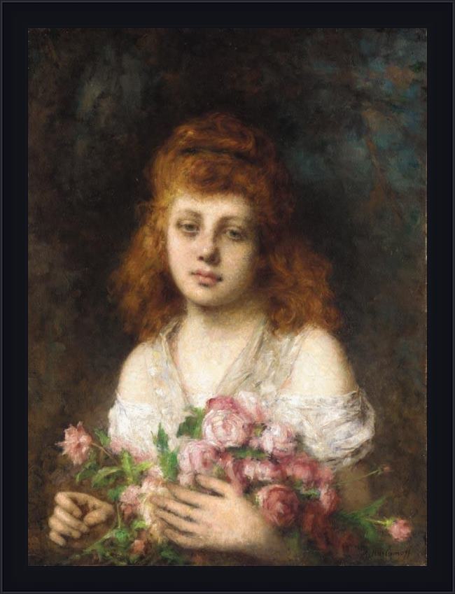Framed Alexei Alexeivich Harlamoff auburn-haired beauty with bouqet of roses painting