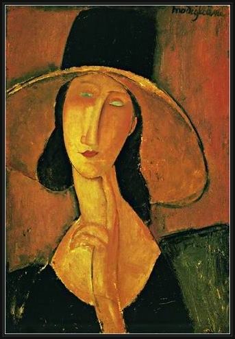 Framed Amedeo Modigliani jeanne hebuterne in large hat painting