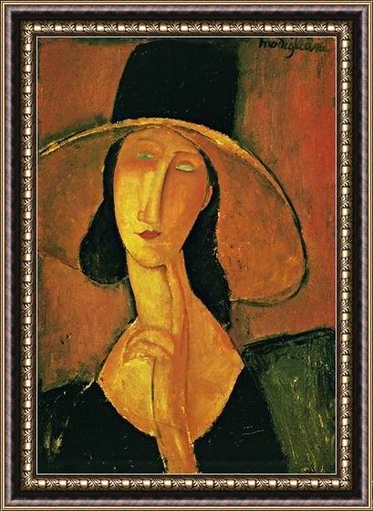 Framed Amedeo Modigliani jeanne hebuterne in large hat painting