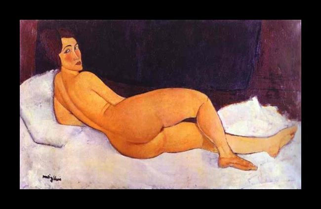 Framed Amedeo Modigliani nude looking over her right shoulder painting