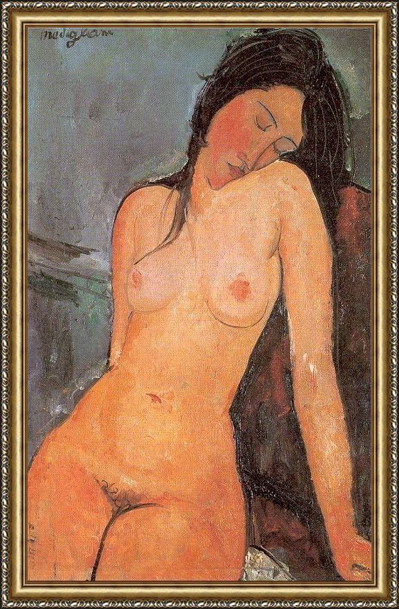 Framed Amedeo Modigliani seated nude painting