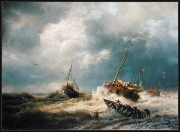 Framed Andreas Achenbach ships in a storm on the dutch coast 1854 painting