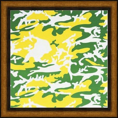 Framed Andy Warhol camouflage green yellow white painting