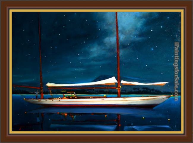 Framed Brent Lynch moonlight ketch antigua painting