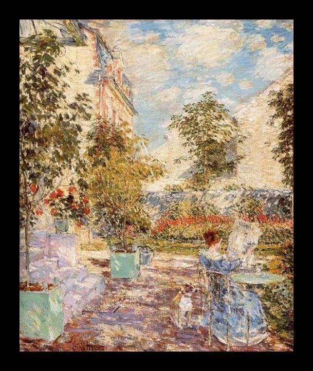 Framed childe hassam in a french garden painting