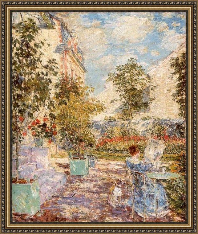 Framed childe hassam in a french garden painting