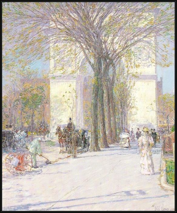 Framed childe hassam washington arch in spring painting