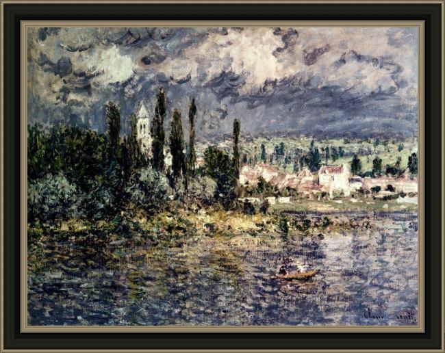 Framed Claude Monet landscape with thunderstorm painting