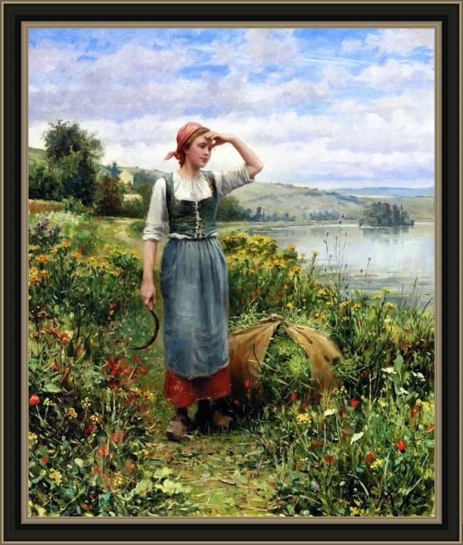 Framed Daniel Ridgway Knight a field of flowers painting