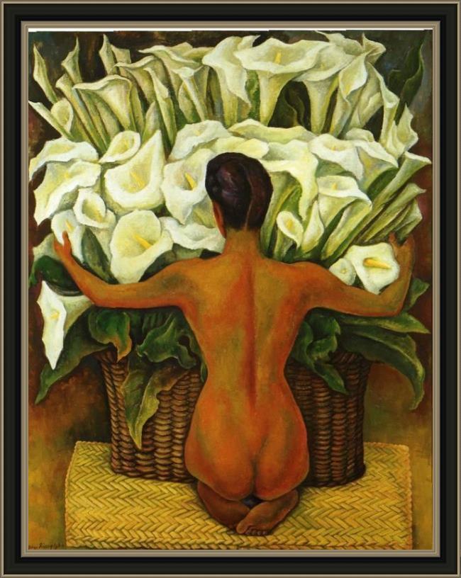 Framed Diego Rivera nude with calla lilies painting