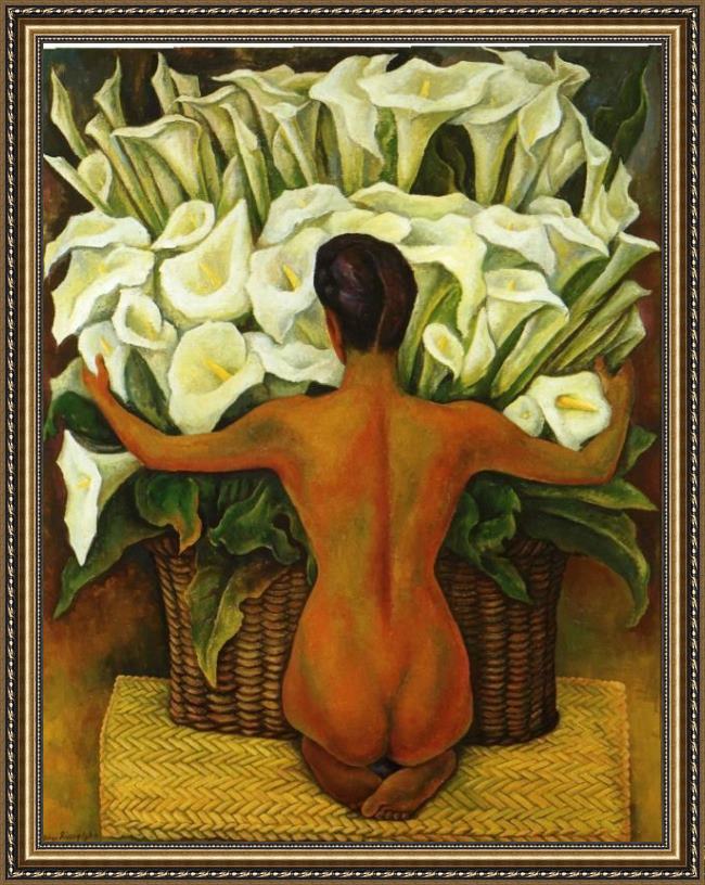 Framed Diego Rivera nude with calla lilies painting
