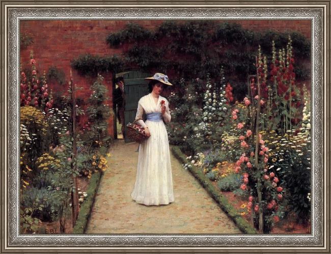 Framed Edmund Blair Leighton lady in a garden painting