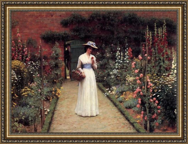 Framed Edmund Blair Leighton lady in a garden painting