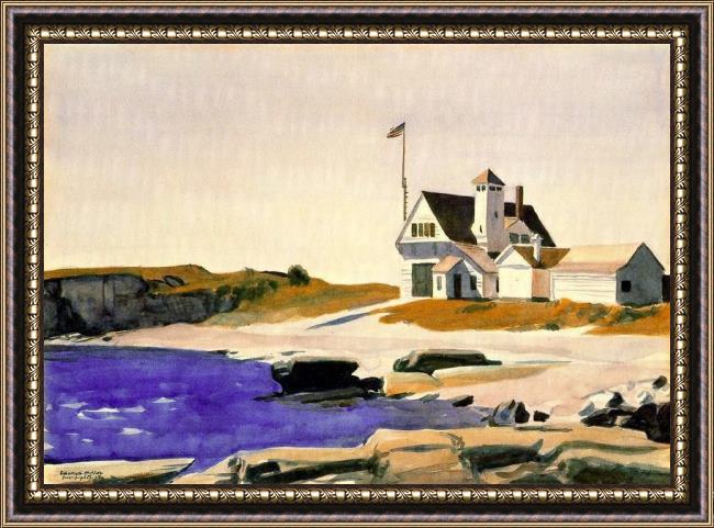 Framed Edward Hopper coast guard station, two lights, maine painting