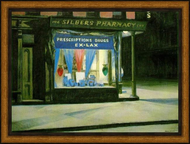 Framed Edward Hopper drug store painting