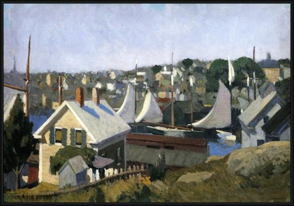 Framed Edward Hopper gloucester harbor painting