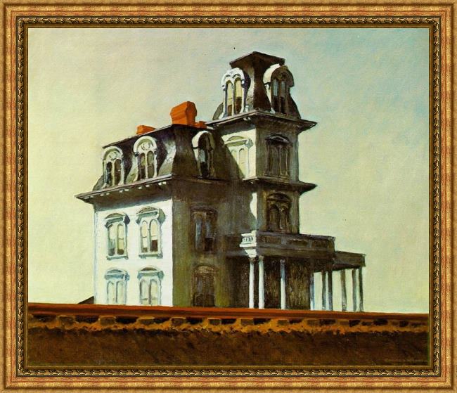 Framed Edward Hopper house by the railroad painting