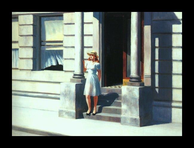 Framed Edward Hopper summertime painting