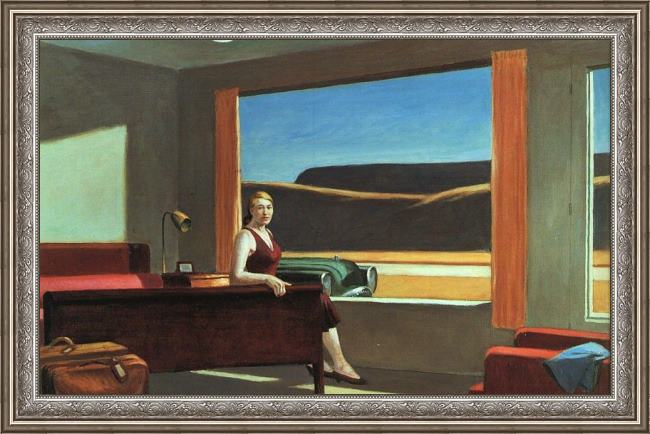 Framed Edward Hopper western motel painting