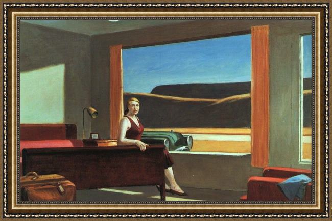 Framed Edward Hopper western motel painting
