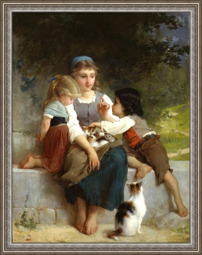 Framed Emile Munier the new pets painting