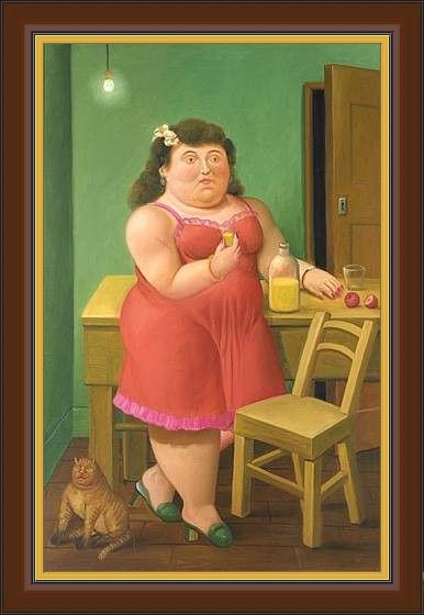 Framed Fernando Botero woman drinking with cat painting