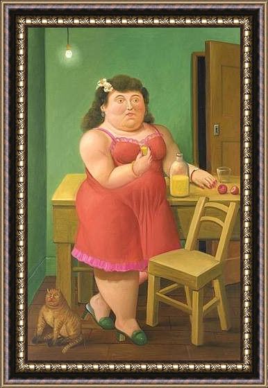Framed Fernando Botero woman drinking with cat painting