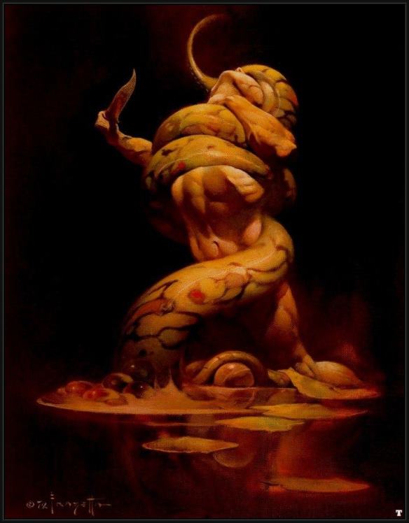 Framed Frank Frazetta serpent painting