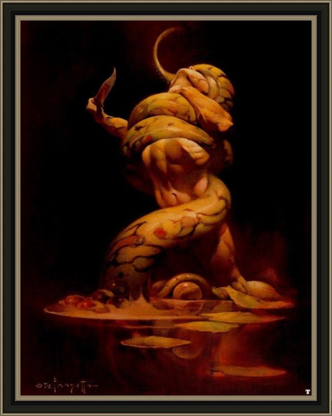 Framed Frank Frazetta serpent painting