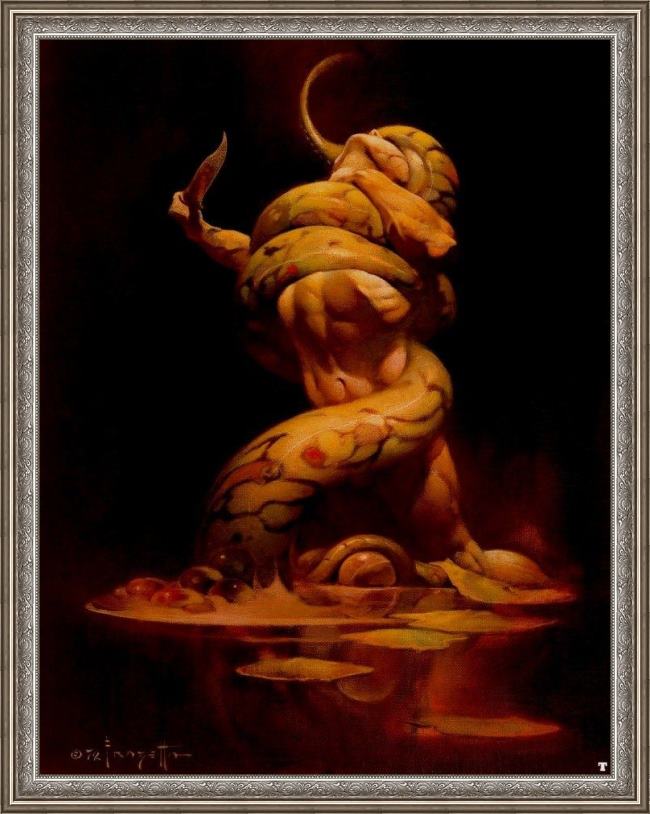 Framed Frank Frazetta serpent painting