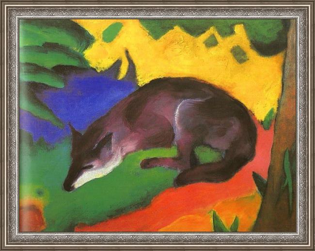 Framed Franz Marc blue black fox painting