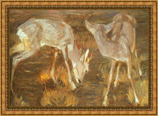 Framed Franz Marc deer at dusk painting